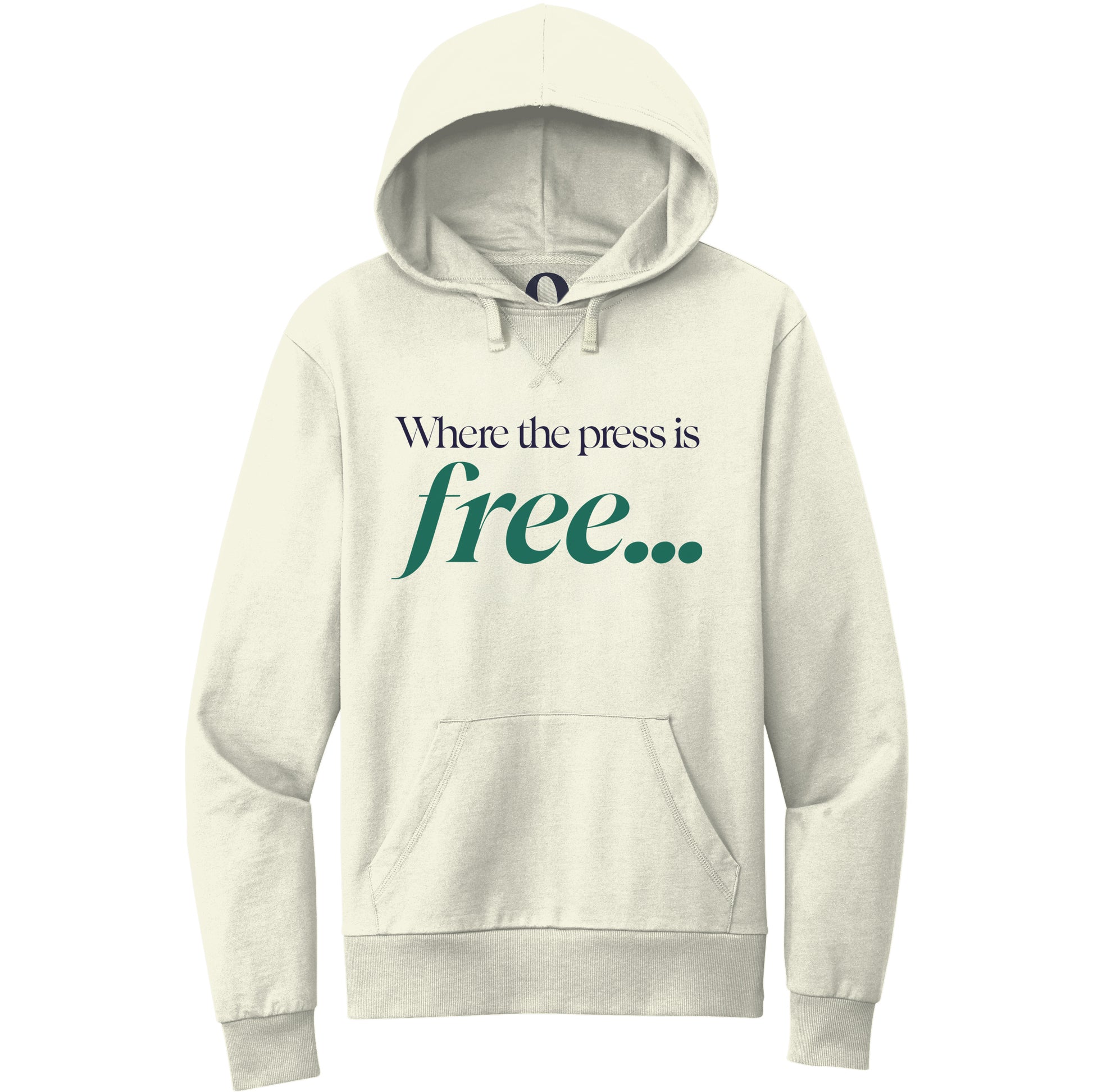 "Where the press is free." Quorum Pullover Hoodie front print in White Sand