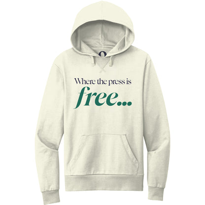 "Where the press is free." Quorum Pullover Hoodie front print in White Sand