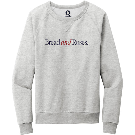 "Bread and Roses." Quorum Crewneck Sweatshirt front print in Granite Grey Heather