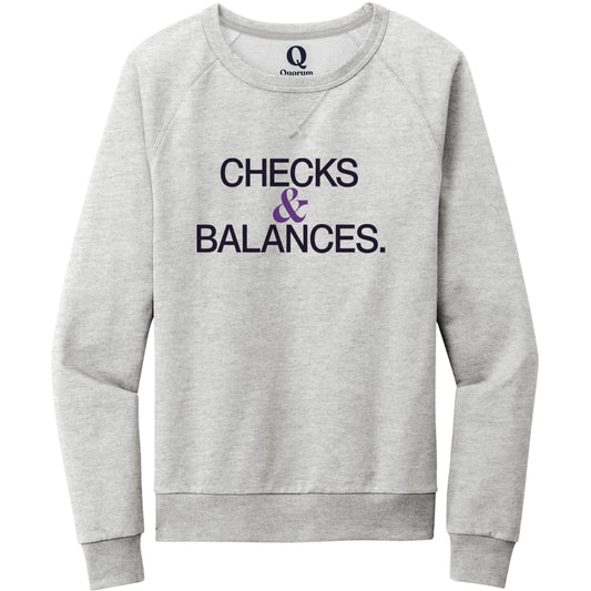 "Checks & Balances." Quorum Crewneck Sweatshirt front print in Granite Grey Heather