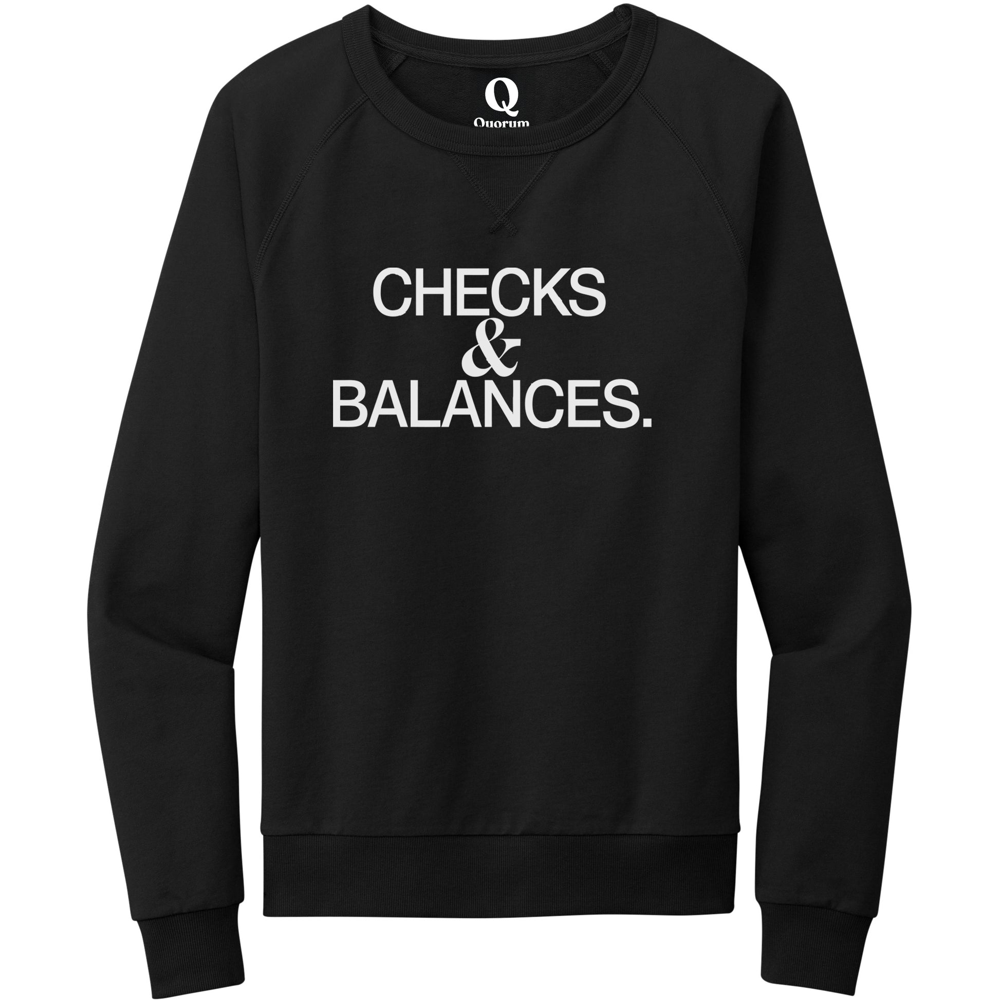 "Checks & Balances." Quorum Crewneck Sweatshirt editorial print in Deep Black