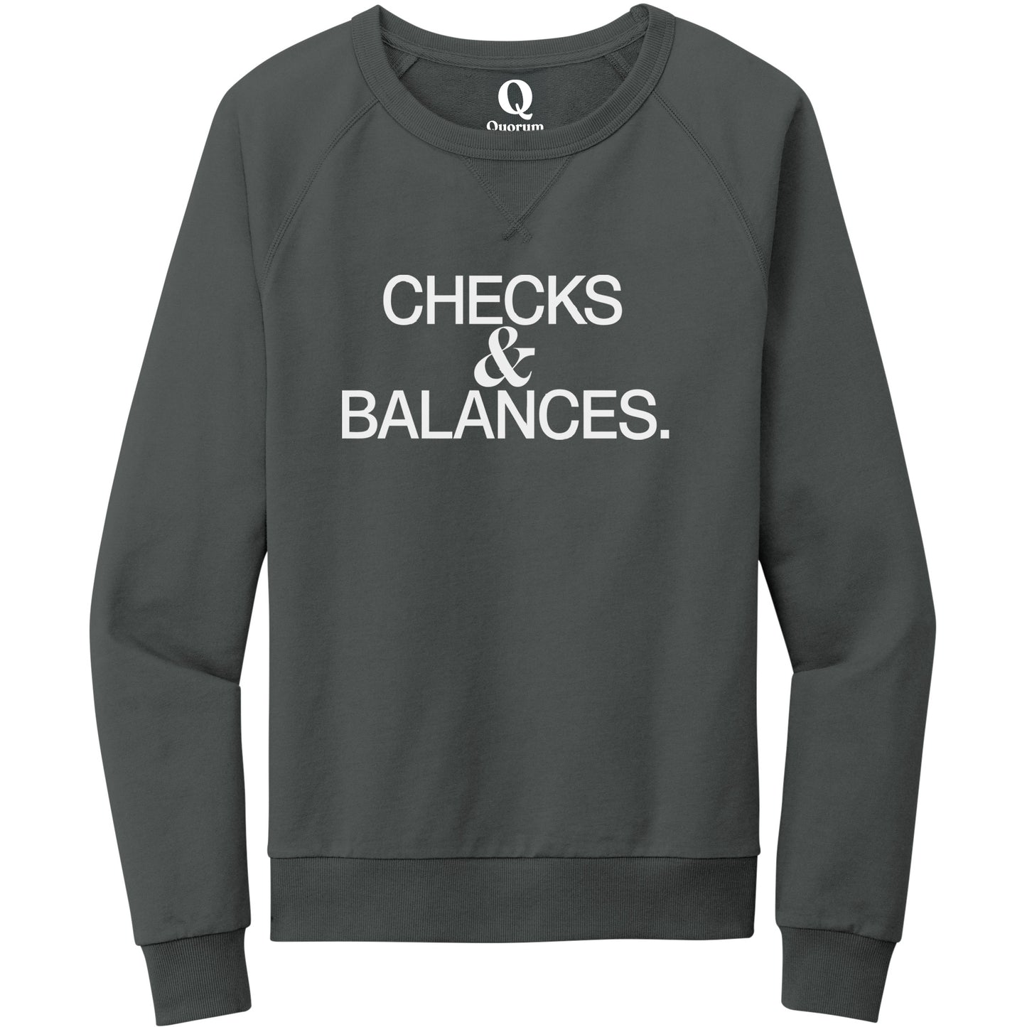 "Checks & Balances." Quorum Crewneck Sweatshirt editorial print in Terrain Grey