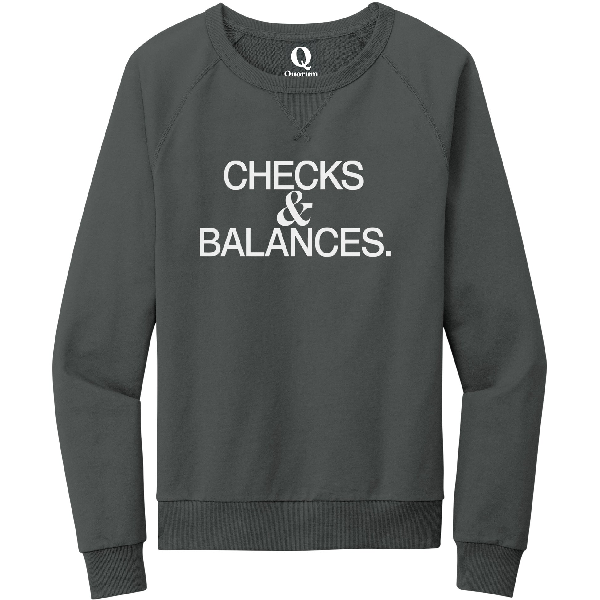 "Checks & Balances." Quorum Crewneck Sweatshirt editorial print in Terrain Grey
