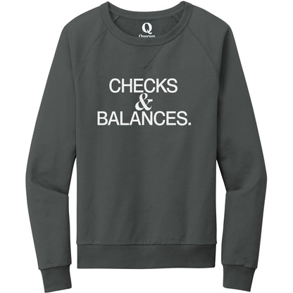 "Checks & Balances." Quorum Crewneck Sweatshirt editorial print in Terrain Grey