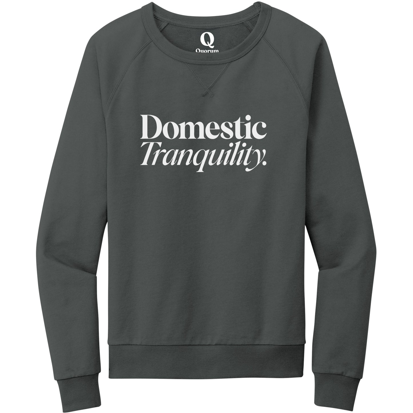 "Domestic Tranquility." Quorum Crewneck Sweatshirt editorial print in Terrain Grey