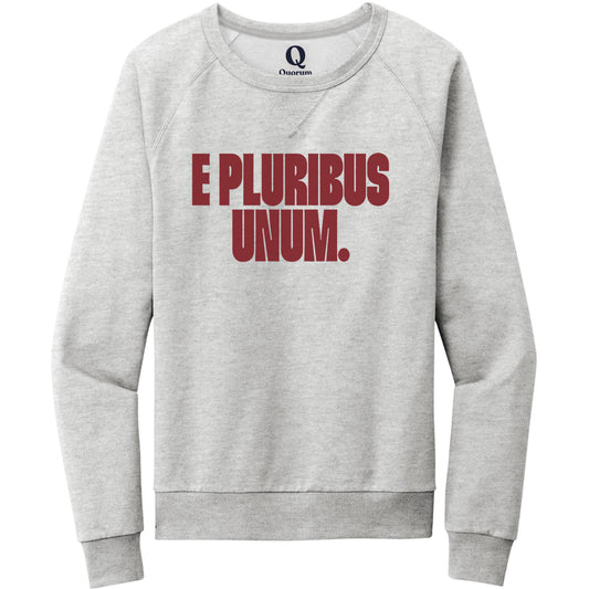 "E Pluribus Unum." Quorum Crewneck Sweatshirt front print in Granite Grey Heather