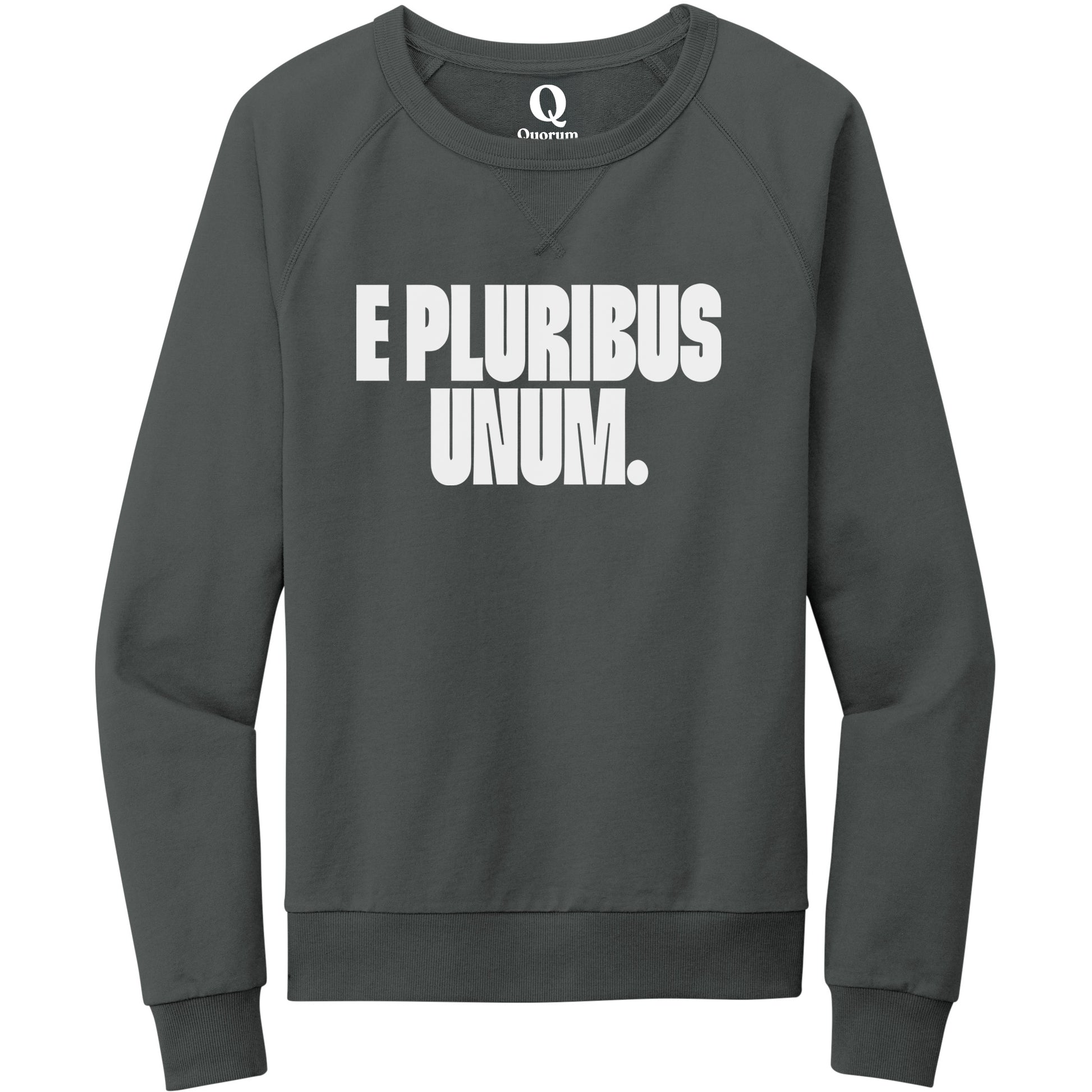 "E Pluribus Unum." Quorum Crewneck Sweatshirt editorial print in Terrain Grey