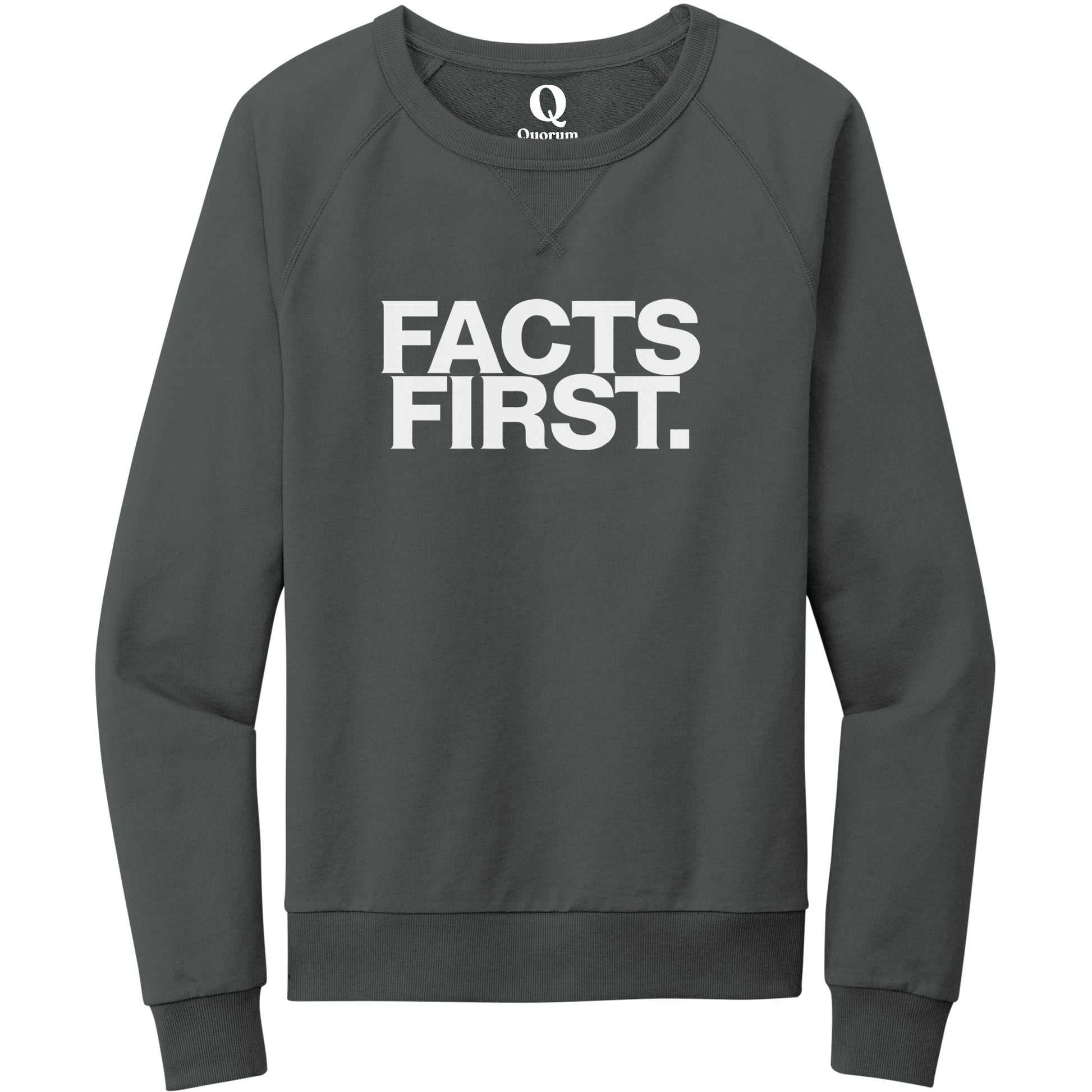 "Facts First." Quorum Crewneck Sweatshirt editorial print in Terrain Grey