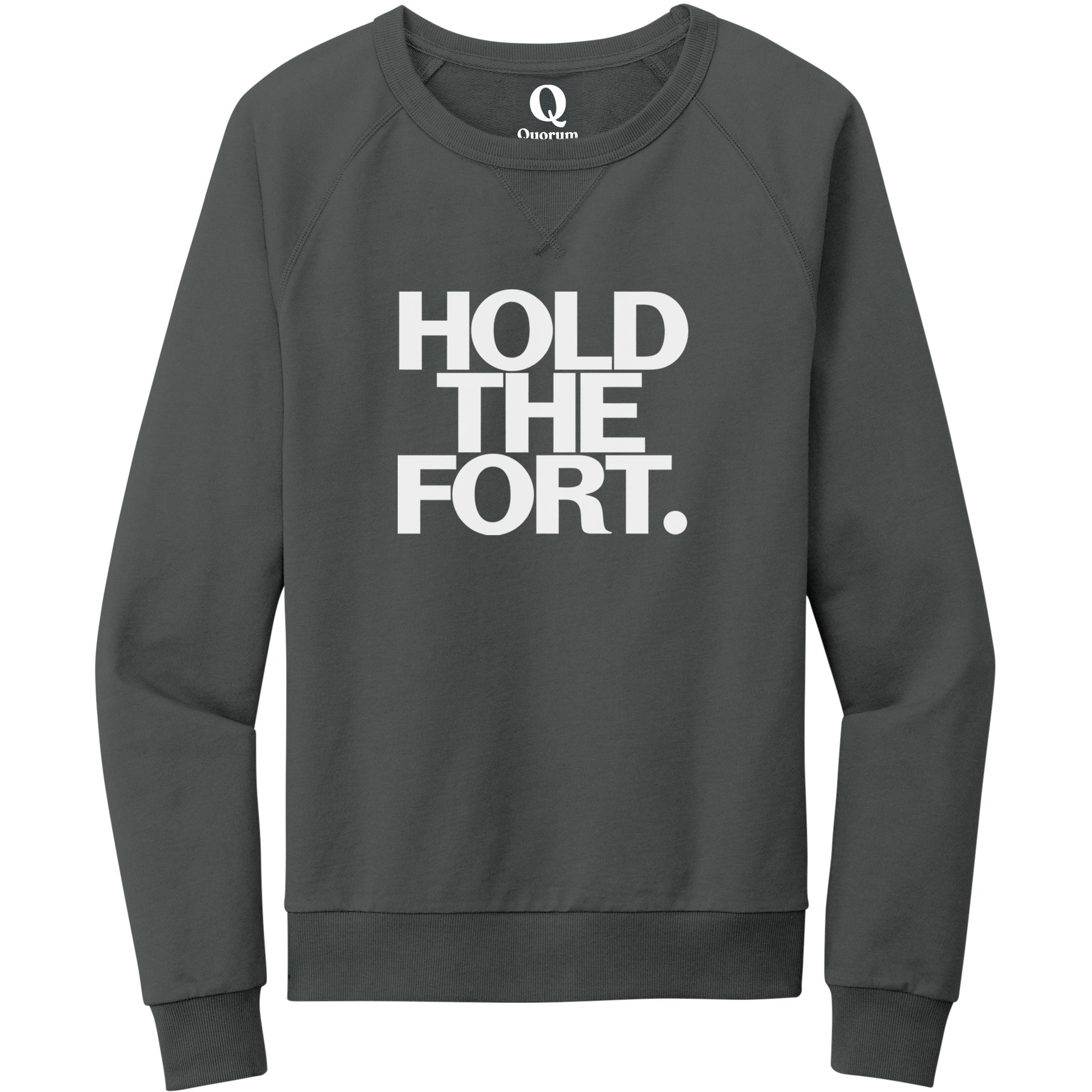 "Hold the Fort." Quorum Crewneck Sweatshirt editorial print in Terrain Grey