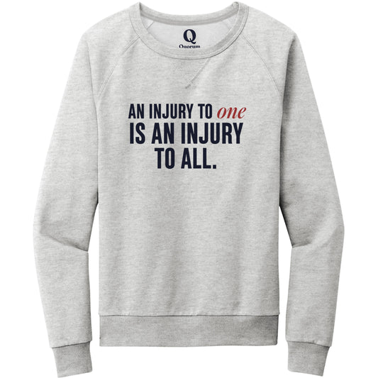 "An injury to one is an injury to all." Quorum Crewneck Sweatshirt front print in Granite Grey Heather