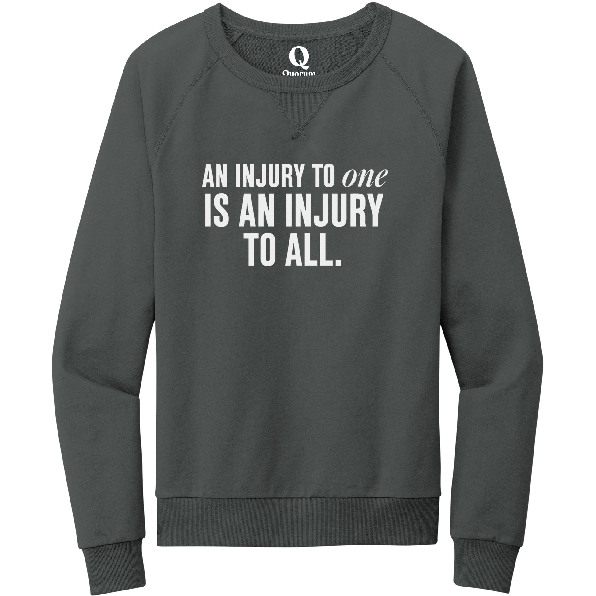 "An injury to one is an injury to all." Quorum Crewneck Sweatshirt editorial print in Terrain Grey
