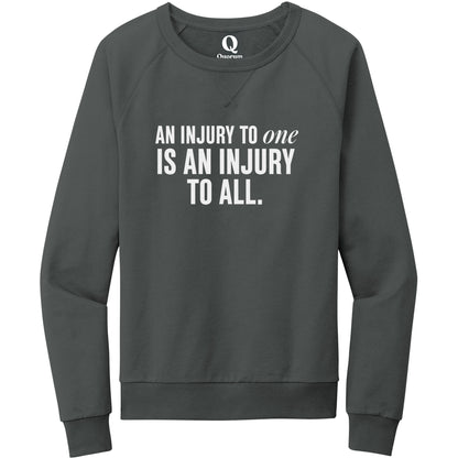 "An injury to one is an injury to all." Quorum Crewneck Sweatshirt editorial print in Terrain Grey