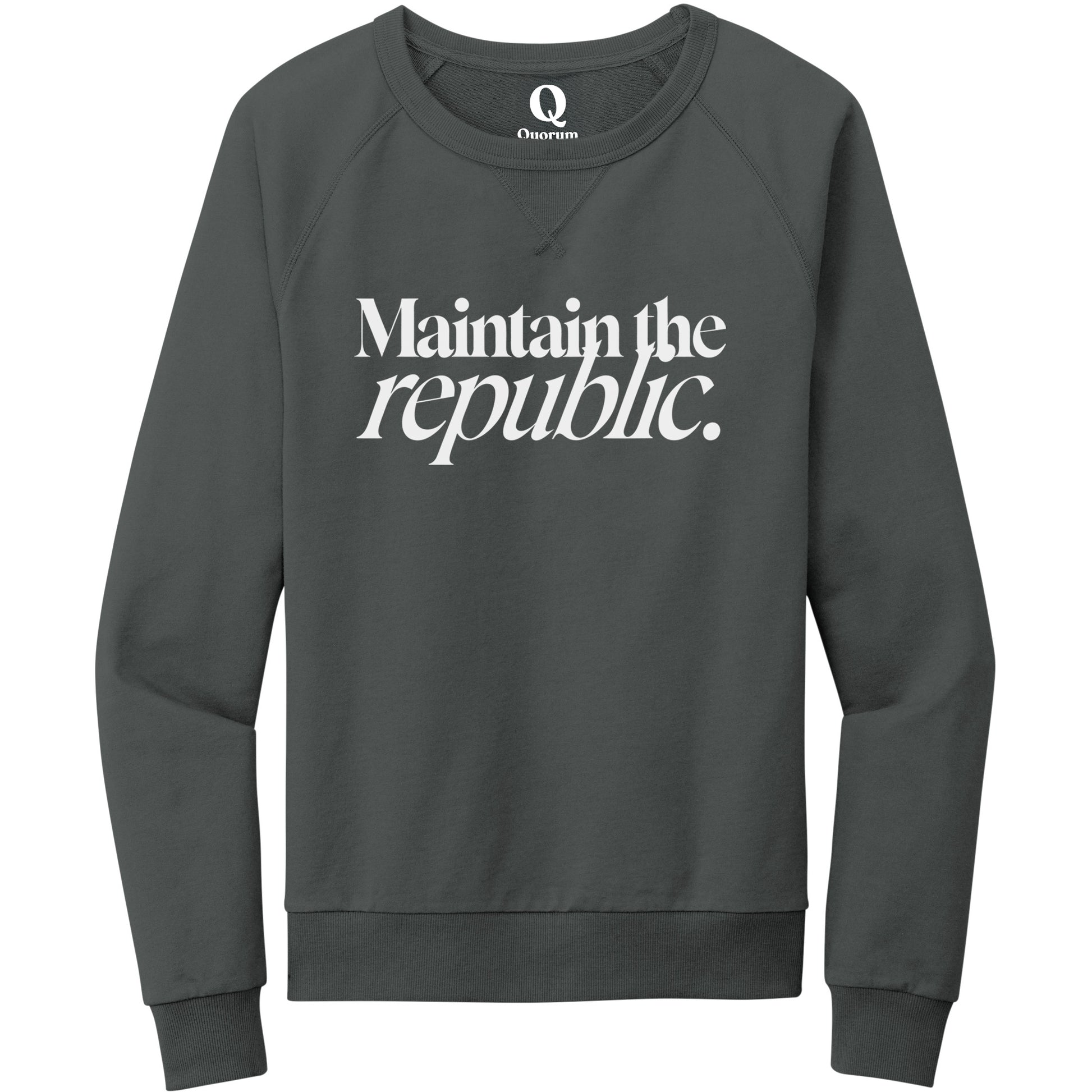 "Maintain the republic." Quorum Crewneck Sweatshirt editorial print in Terrain Grey