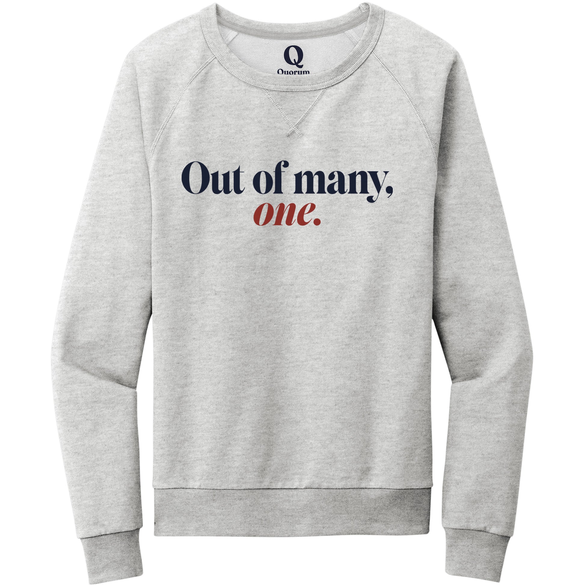 "Out of many, one." Quorum Crewneck Sweatshirt front print in Granite Grey Heather