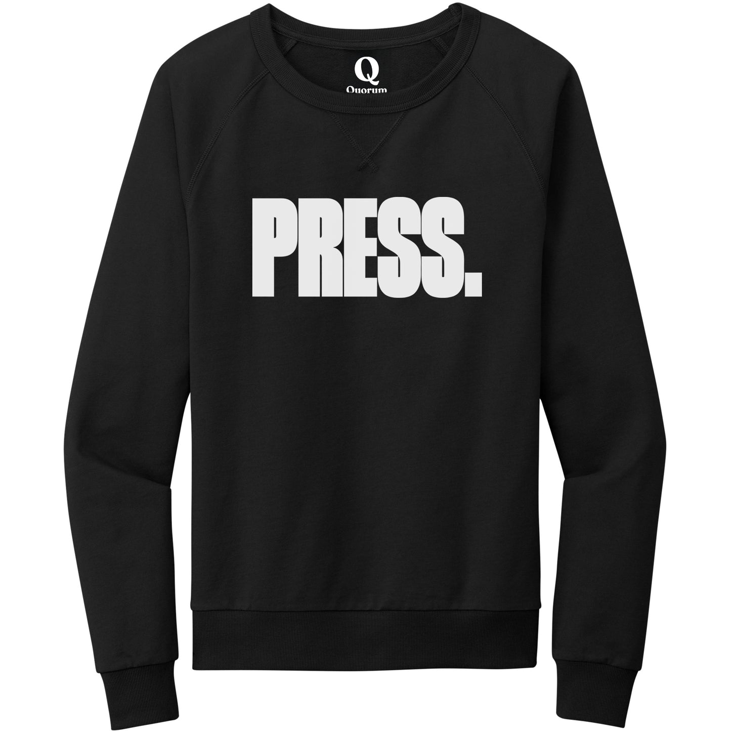 "Press." Quorum Crewneck Sweatshirt editorial print in Deep Black