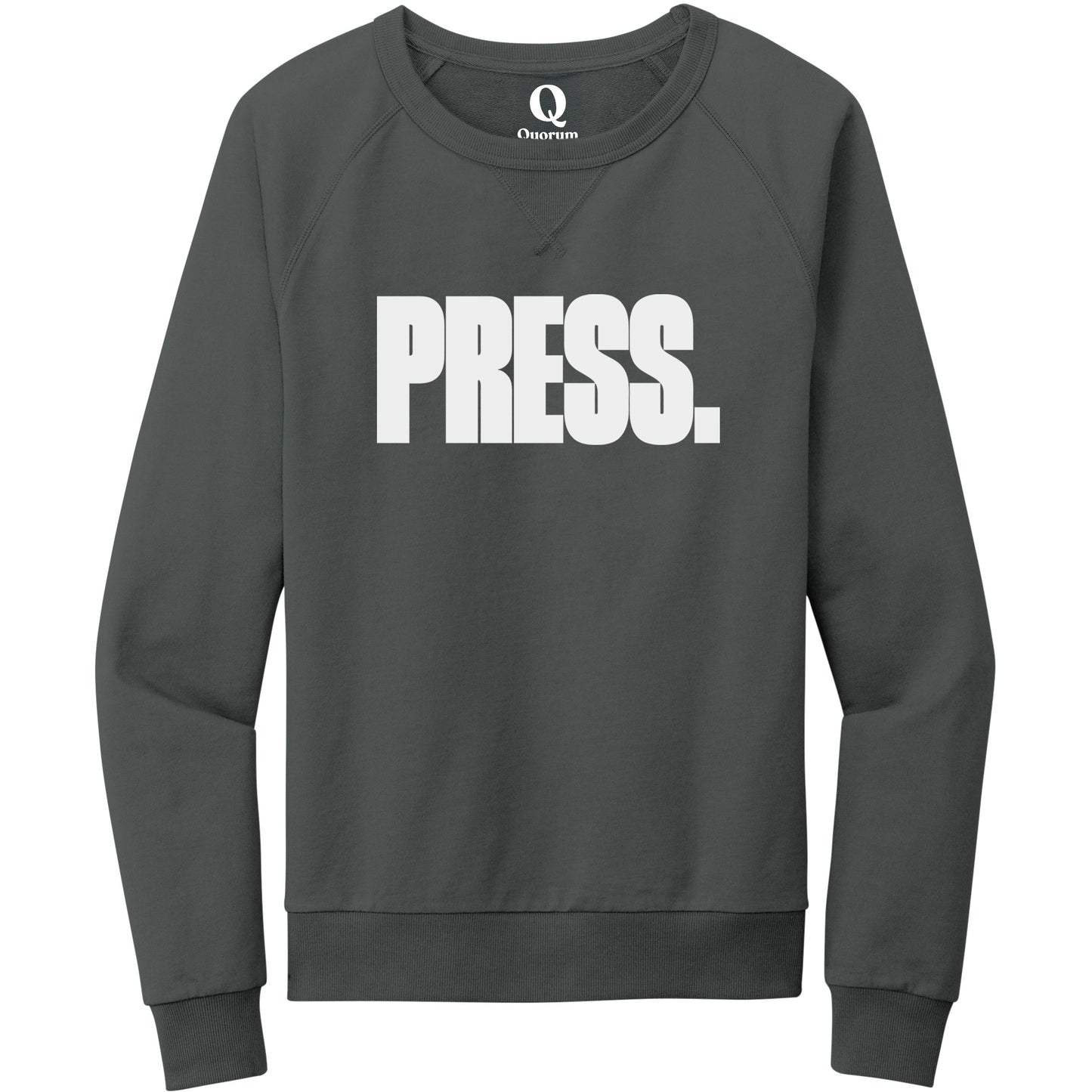 "Press." Quorum Crewneck Sweatshirt editorial print in Terrain Grey