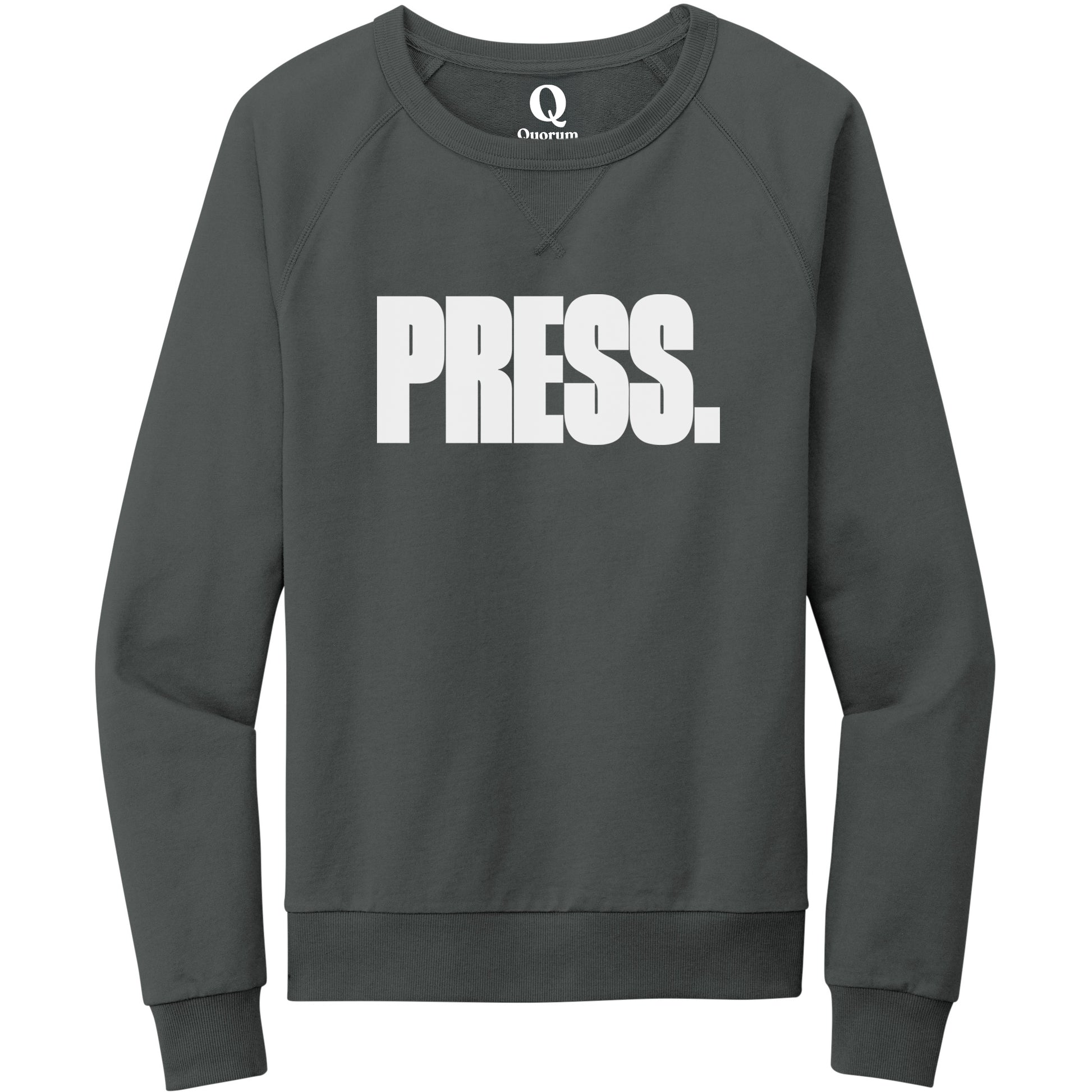 "Press." Quorum Crewneck Sweatshirt editorial print in Terrain Grey