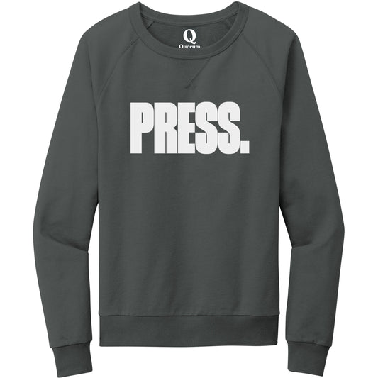 "Press." Quorum Crewneck Sweatshirt editorial print in Terrain Grey