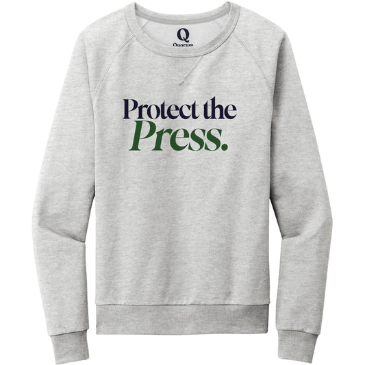 "Protect the Press." Quorum Crewneck Sweatshirt front print in Granite Grey Heather