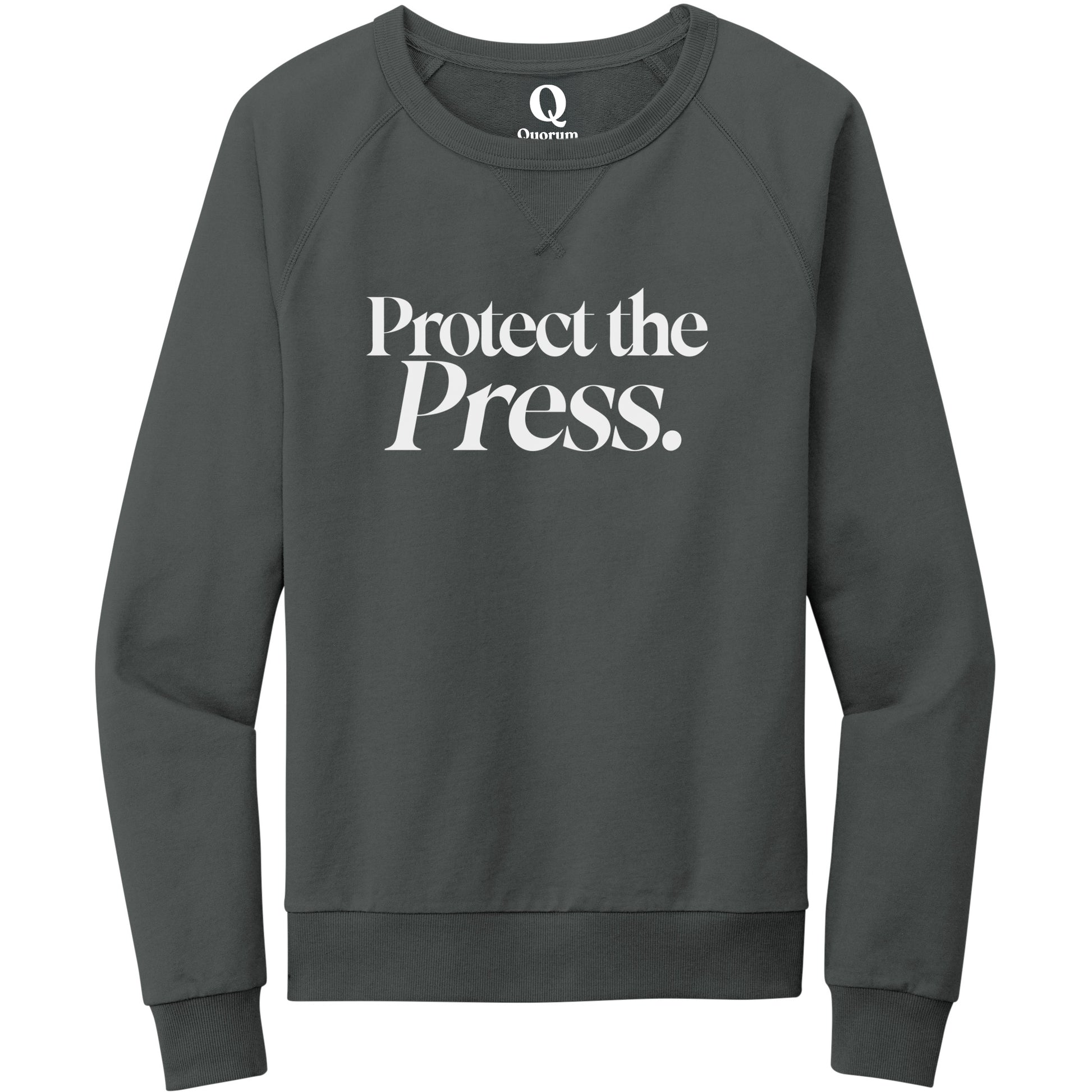 "Protect the Press." Quorum Crewneck Sweatshirt editorial print in Terrain Grey