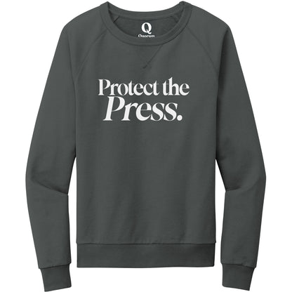 "Protect the Press." Quorum Crewneck Sweatshirt editorial print in Terrain Grey
