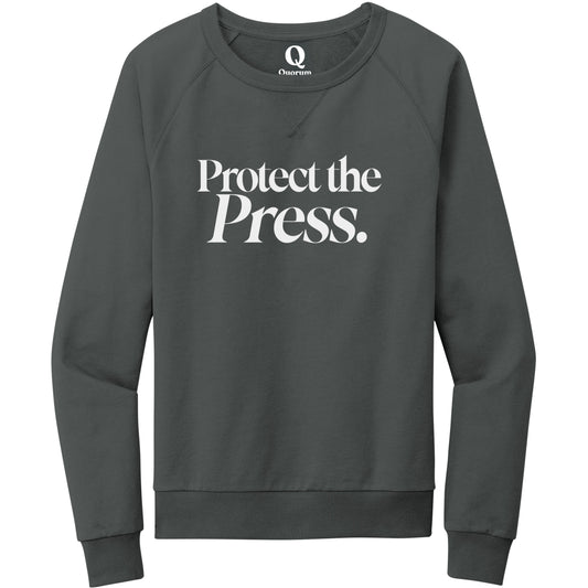 "Protect the Press." Quorum Crewneck Sweatshirt editorial print in Terrain Grey