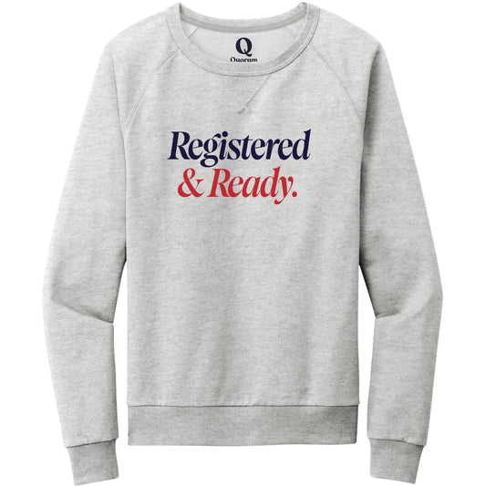 "Registered & Ready." Quorum Crewneck Sweatshirt front print in Granite Grey Heather