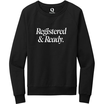 "Registered & Ready." Quorum Crewneck Sweatshirt editorial print in Deep Black