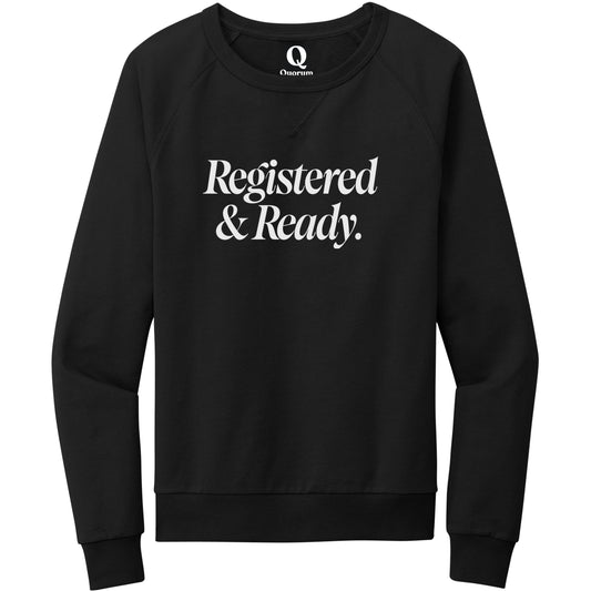 "Registered & Ready." Quorum Crewneck Sweatshirt editorial print in Deep Black
