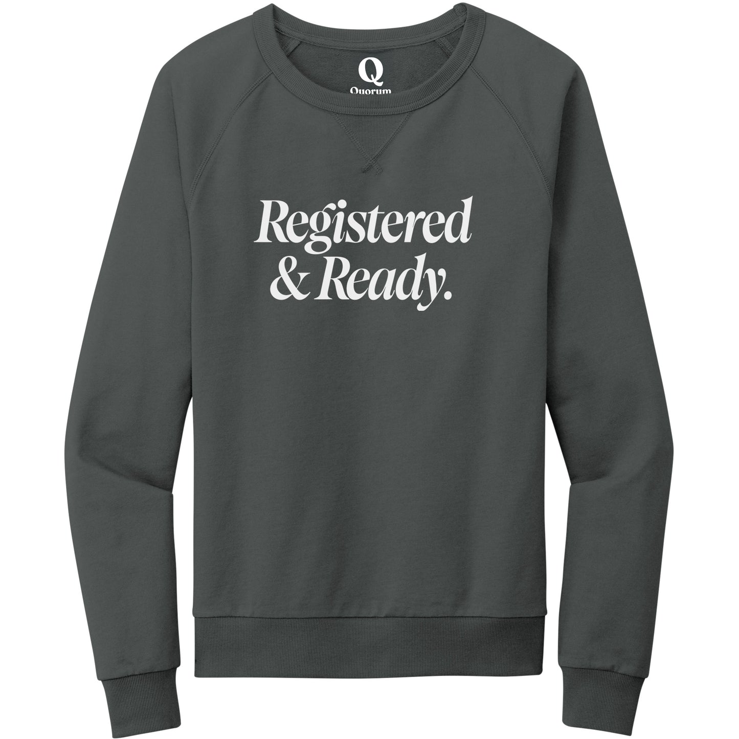 "Registered & Ready." Quorum Crewneck Sweatshirt editorial print in Terrain Grey