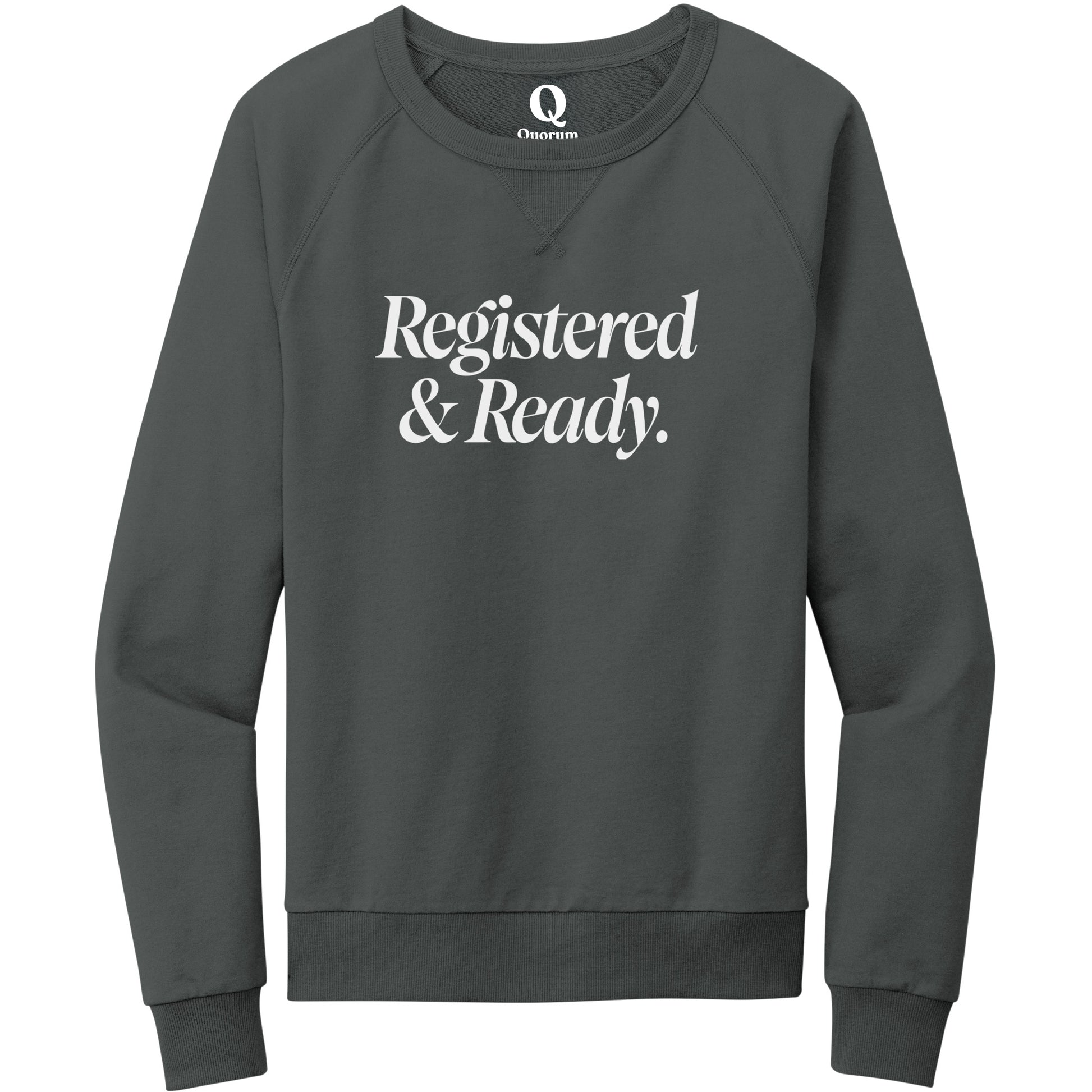 "Registered & Ready." Quorum Crewneck Sweatshirt editorial print in Terrain Grey