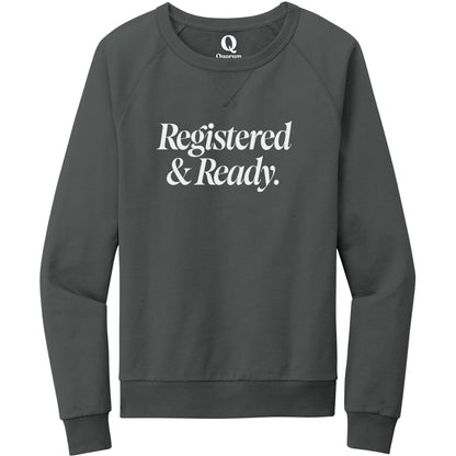 "Registered & Ready." Quorum Crewneck Sweatshirt editorial print in Terrain Grey