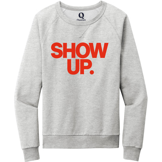 "Show up. Stand up. Suit up." Quorum Crewneck Sweatshirt front print in Granite Grey Heather