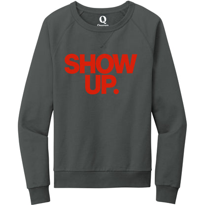"Show up. Stand up. Suit up." Quorum Crewneck Sweatshirt front print in Terrain Grey