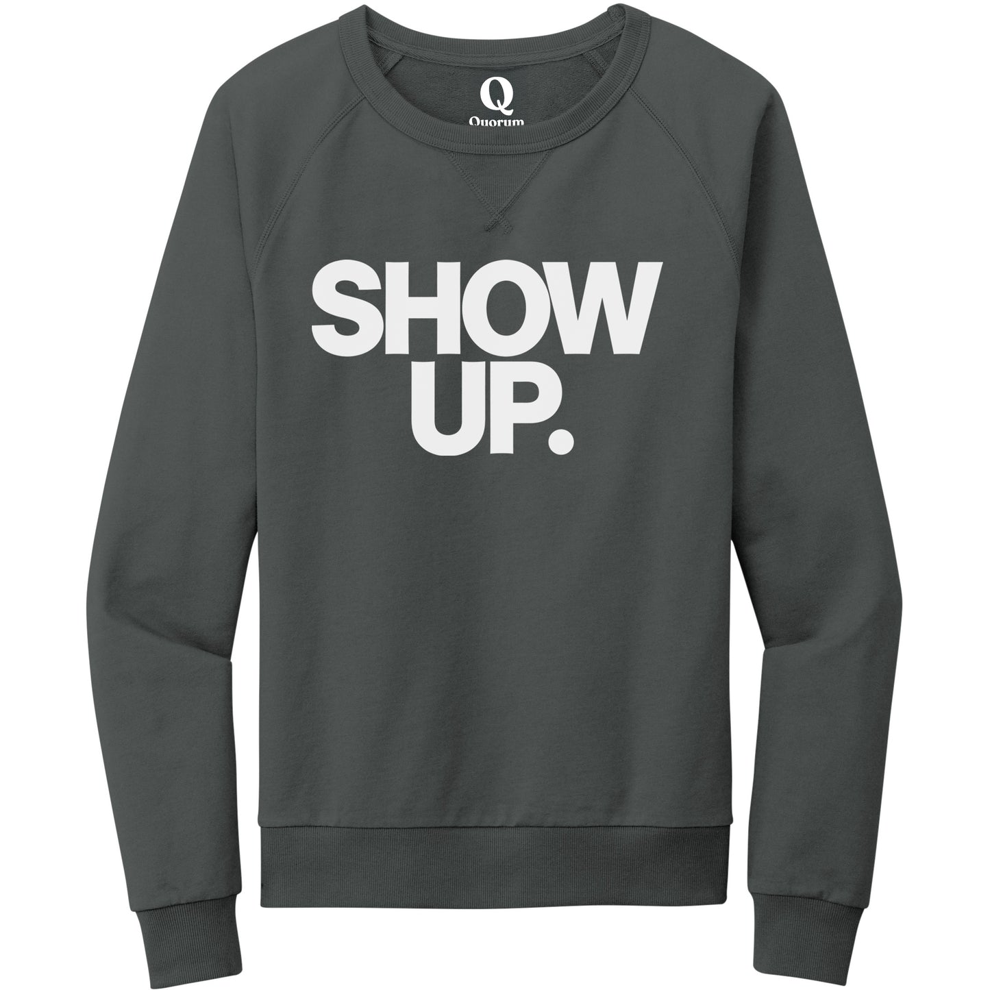 "Show up. Stand up. Suit up." Quorum Crewneck Sweatshirt editorial print in Terrain Grey