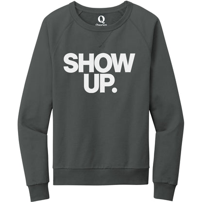 "Show up. Stand up. Suit up." Quorum Crewneck Sweatshirt editorial print in Terrain Grey