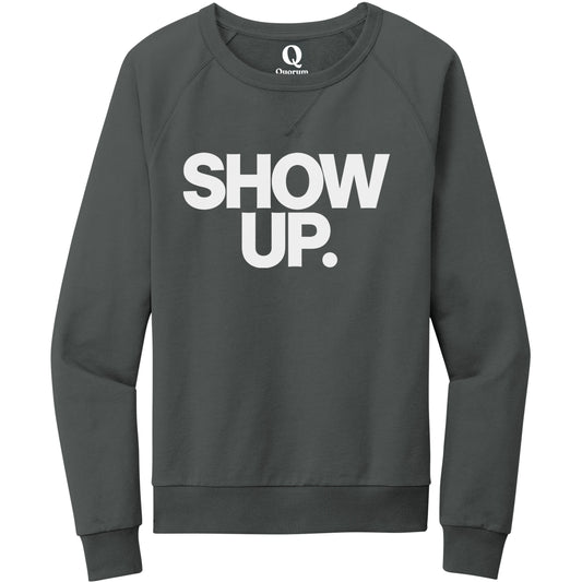 "Show up. Stand up. Suit up." Quorum Crewneck Sweatshirt editorial print in Terrain Grey