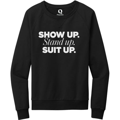 "Show Up." Quorum Crewneck Sweatshirt editorial print in Deep Black