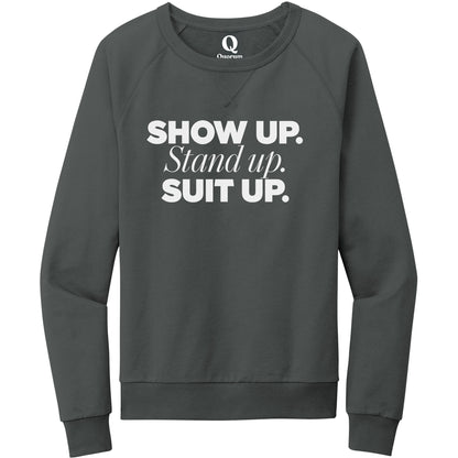 "Show Up." Quorum Crewneck Sweatshirt editorial print in Terrain Grey
