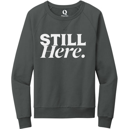 "Still Here." Quorum Crewneck Sweatshirt editorial print in Terrain Grey