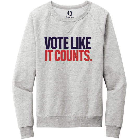 "Vote like it counts." Quorum Crewneck Sweatshirt front print in Granite Grey Heather