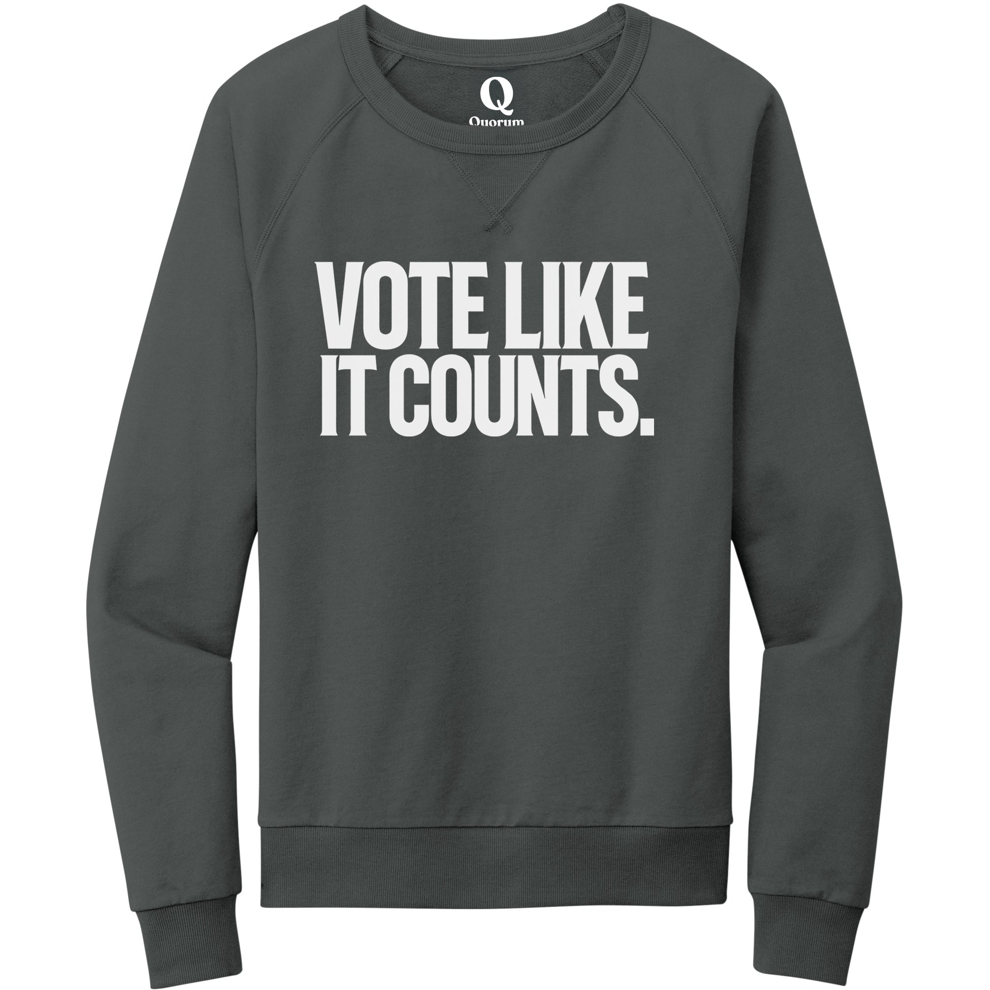 "Vote like it counts." Quorum Crewneck Sweatshirt editorial print in Terrain Grey