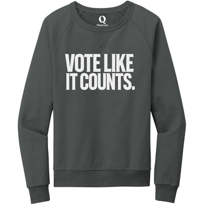 "Vote like it counts." Quorum Crewneck Sweatshirt editorial print in Terrain Grey