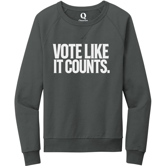 "Vote like it counts." Quorum Crewneck Sweatshirt editorial print in Terrain Grey