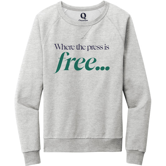 "Where the press is free." Quorum Crewneck Sweatshirt front print in Granite Grey Heather