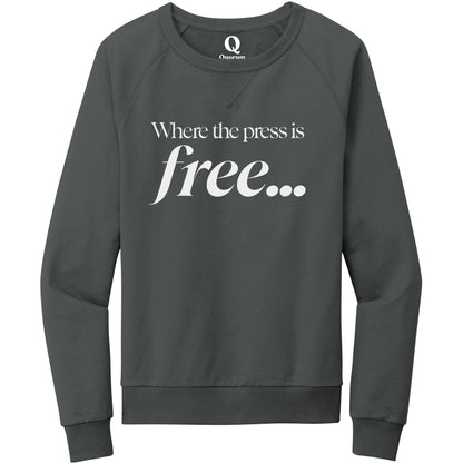 "Where the press is free." Quorum Crewneck Sweatshirt editorial print in Terrain Grey