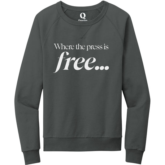 "Where the press is free." Quorum Crewneck Sweatshirt editorial print in Terrain Grey