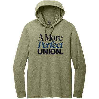 "A More Perfect Union." Quorum Tri-Blend Hoodie Tee front print in Olive You Green