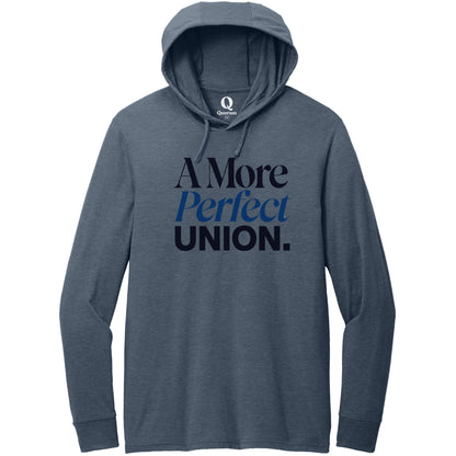 "A More Perfect Union." Quorum Tri-Blend Hoodie Tee front print in Rebel Blue