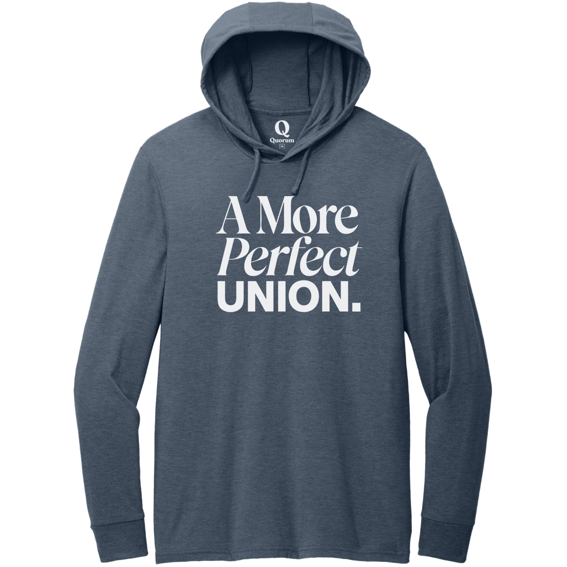 "A More Perfect Union." Quorum Tri-Blend Hoodie Tee editorial print in Rebel Blue